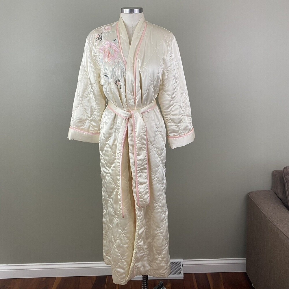 Vtg 70s Natori Womens Satin Embroidered Robe S Ivory Floral Saks 5th Ave - Picture 1 of 11